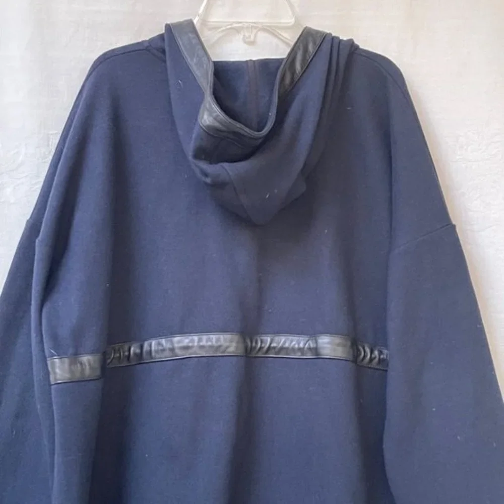 Club Monaco Hooded Sweater Womens Small Blue Wool Leather Trim Winter Pullover